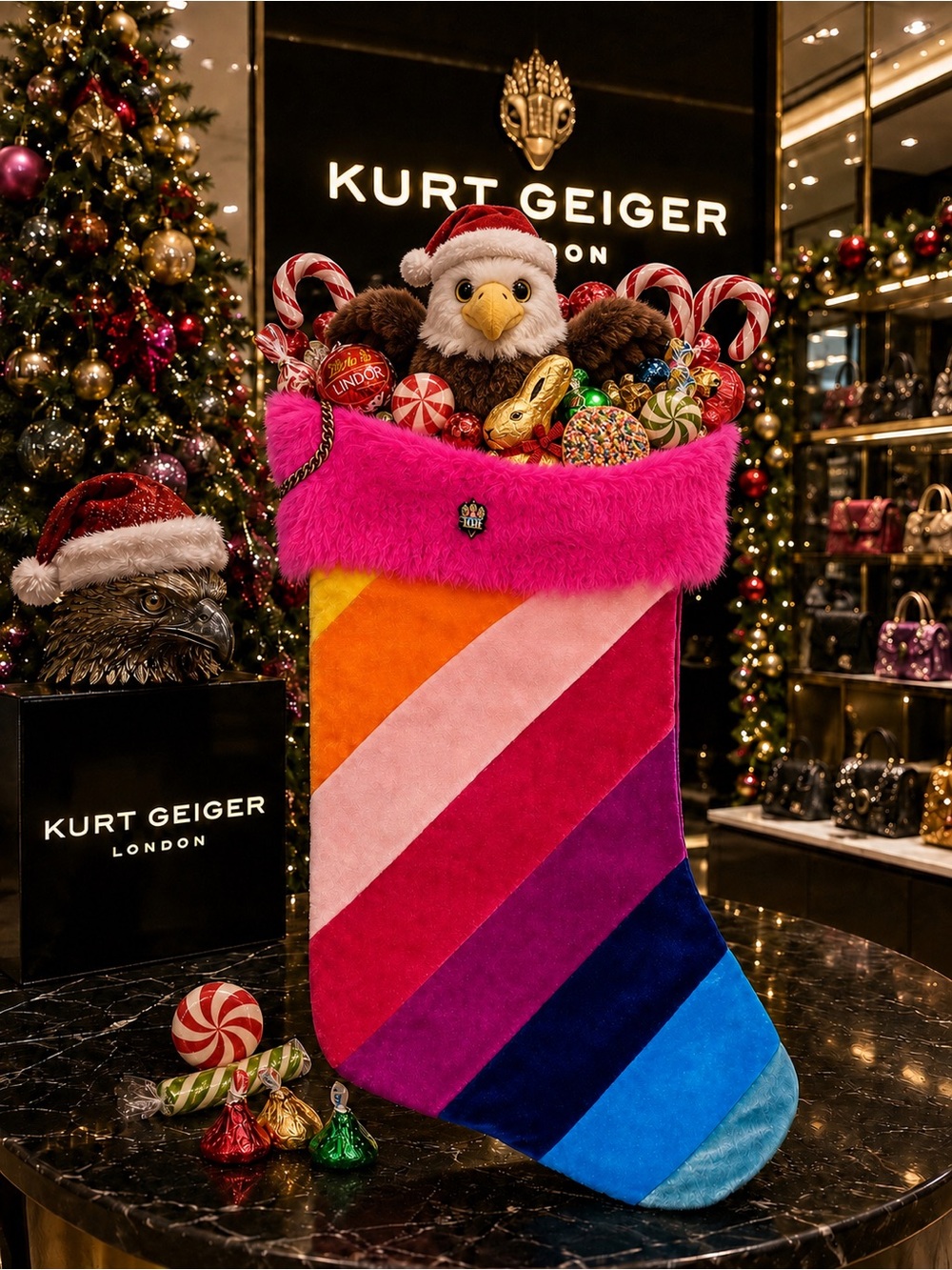 Kurt Geiger Kids Rainbow Stripe Holiday Stocking with Hot Pink Cuff